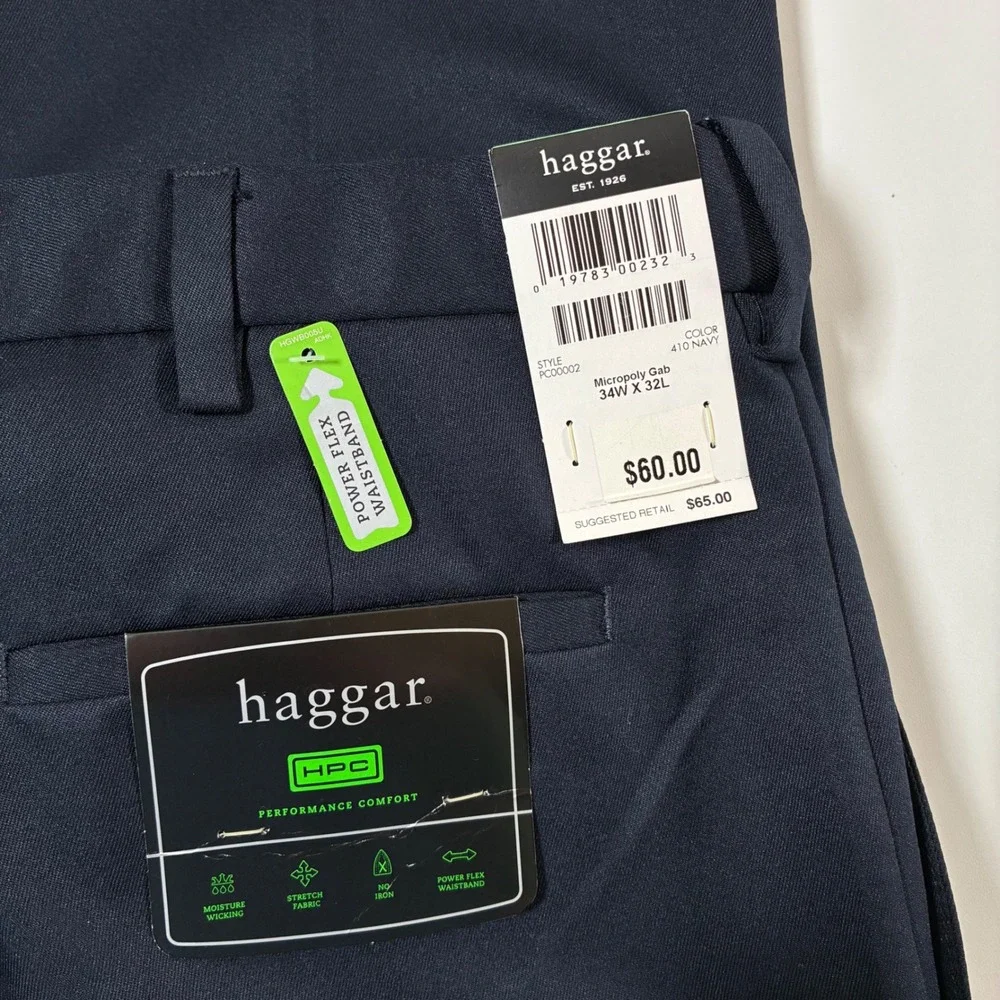 NEW Haggar Dress Pants‎ 34x32 Navy Blue Pleated Performance Comfort